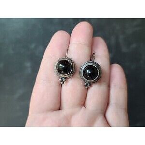 925 Sterling Silver Black Onyx Dangling Pierced Earrings Vintage